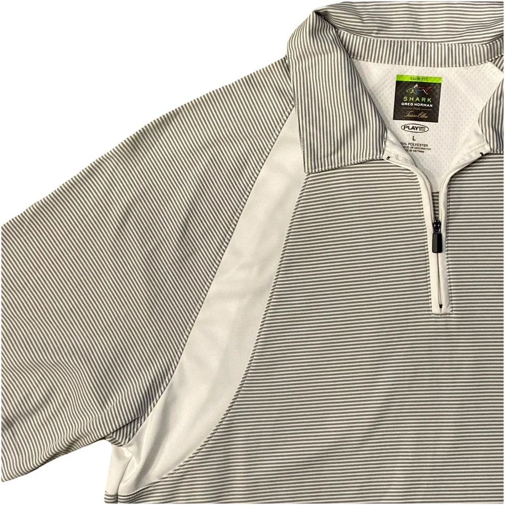 Greg Norman Men's Golf Polo Large Grey White Striped Shark Tasso Elba Play-Dry - Picture 2 of 9
